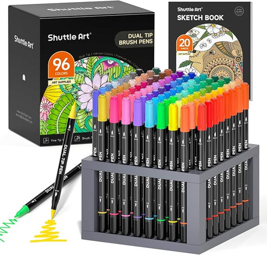 Shuttle Art Dual Tip Brush Pens, 96 Colours Fine and Brush Tip Markers Set with Pen Holder & 1 Colouring Book, Felt Tip Colouring Pens for Adults and Children Colouring Calligraphy Journal Doodling-DeskLoop Office