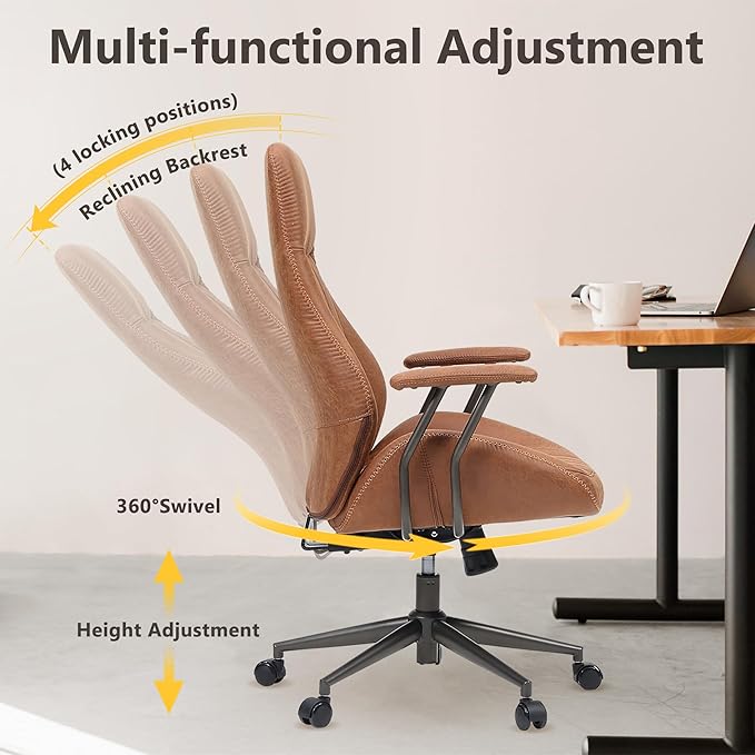 Mid Century Modren Office Chair - High Back Swivel Executive Chair with Lumbar Support,Ergonomic Computer Desk Chair with Wheels,Faux Lether Suede Task Chair,350lbs (Brown, High Back)-DeskLoop Office