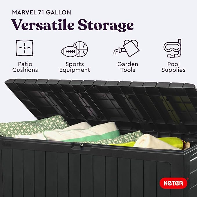 Keter Marvel Plus 71 Gallon Resin Deck Box-Organization and Storage for Patio Furniture Outdoor Cushions, Throw Pillows, Garden Tools and Pool Toys, Dark Grey-DeskLoop Office
