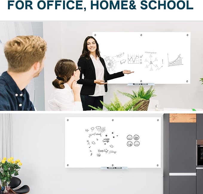 J&J worldwide Glass Whiteboard, Magnetic Brilliance White Glass Dry Erase Board 6' x 4', Includes Markers, Marker Tray, Eraser for Wall, Office, Home, School-DeskLoop Office