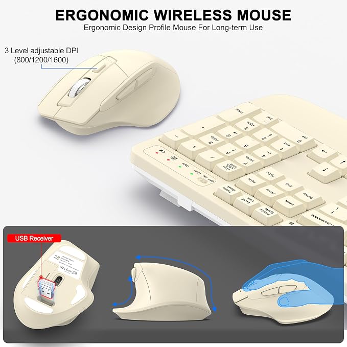 Wireless Keyboard and Mouse Combo, Ergonomic Wave Keys | 2.4G Full Size Wave - Image 4
