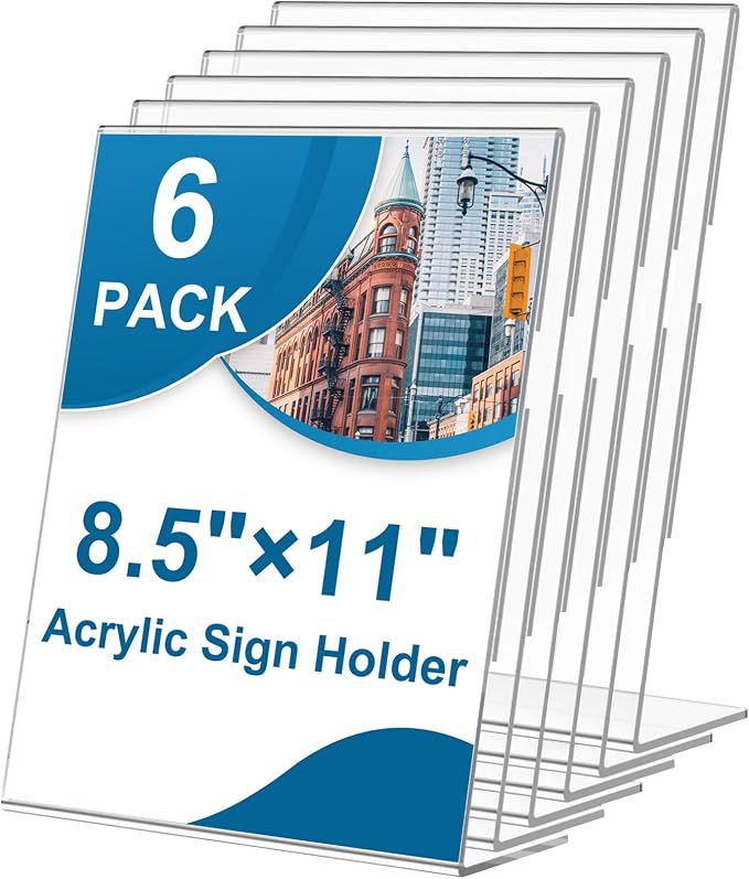 6 Pack Acrylic Sign Holder 8.5 x 11, L-Shape Clear Plastic Display Stand by Seencool