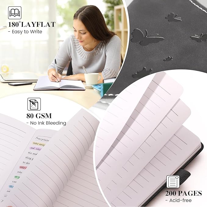 Lined Journal Notebook, A5 Hardcover Leather Journal for Men Women, 200 Pages 100 GSM Thick Paper, Journaling Notebooks for Work School Travel Note Taking, Black-DeskLoop Office