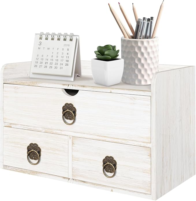 Wood Desk Organizer with Drawer, Tabletop Storage Organization Box by SEEKELEGANT