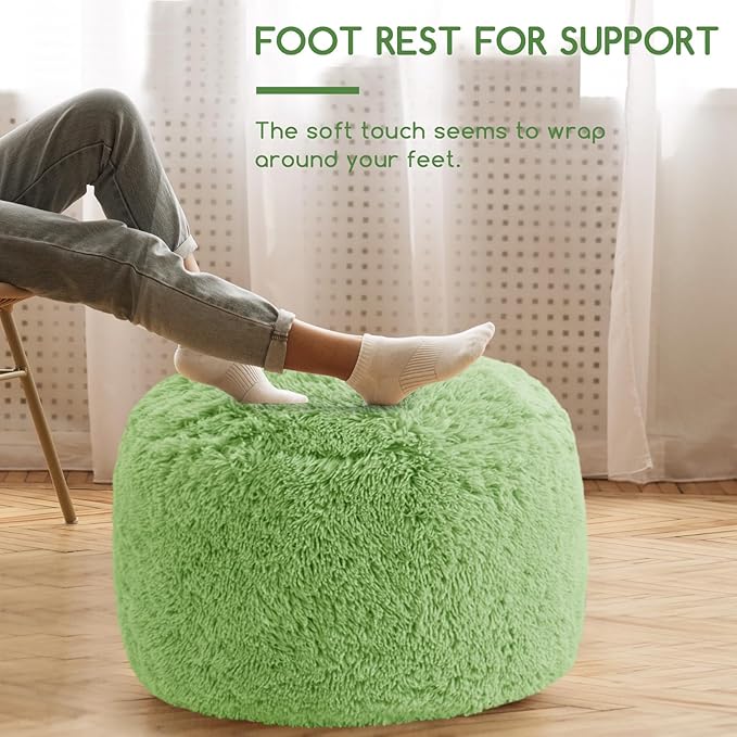 HIGOGOGO Round Stuffed Pouf Ottoman, Long Faux Fur Poufs with Foam Chunk Filling, Fluffy and Furry Pouf Foot Stool Storage Ottoman, 26 X 18 Floor Poufs Foot Rest for Living Room, Green-DeskLoop Office