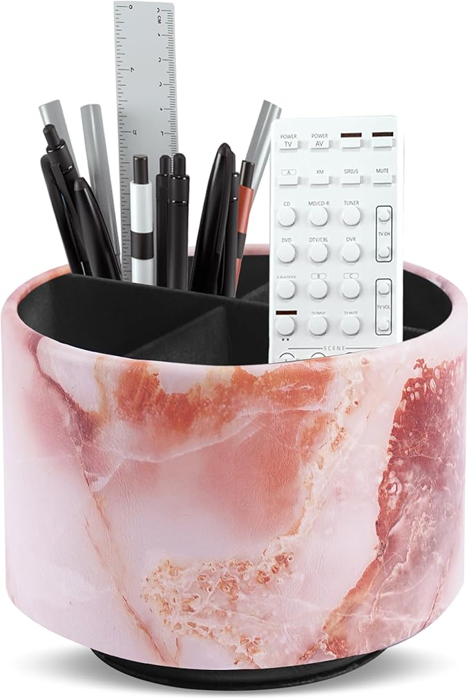 Round Leather Art Supply Organizer,Remote Control Holder,360-degree Rotating Pen Organizer with 4 Compartments(1-Marble Pink)-DeskLoop Office