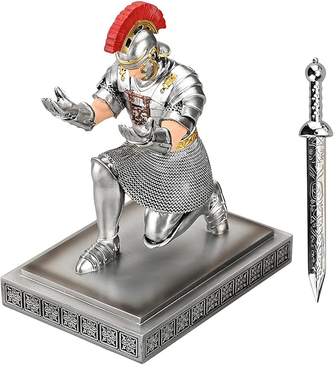 Roman Praetorian Warrior Knight Pen Holder Desk Ornament Resin Pencil Holder Desk Accessories and Organizer for Office with a Letter Opener (Silver)-DeskLoop Office