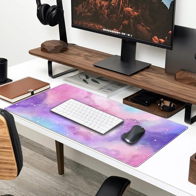Desk Pad Purple Starry Sky Cute Gaming Mouse Pad Galaxy Gamer Girl Cute Pink Desk Decor Keyboard Desk Mat, Stitched Edges Desktop with Stitched Edges Non-Slip Large Computer Mat 31.5x15.7 in-DeskLoop Office