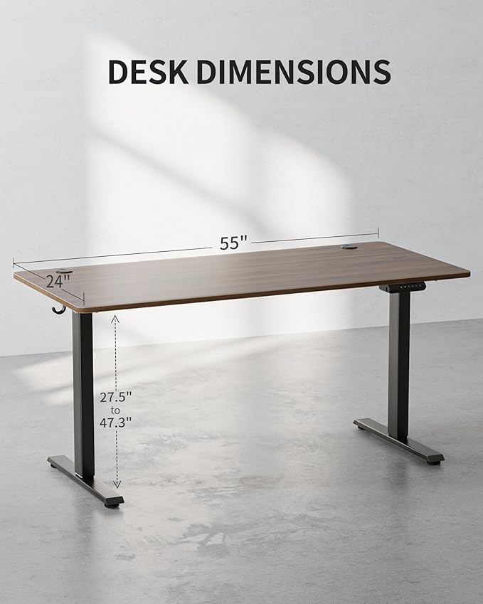 FEZIBO One-Piece Standing Desk Adjustable Height Stand up Home Office Desk, 55x24 Inch Electric Standing Computer Desk, with 4 Memory Presets, Fixable casters, Black Walnut-DeskLoop Office