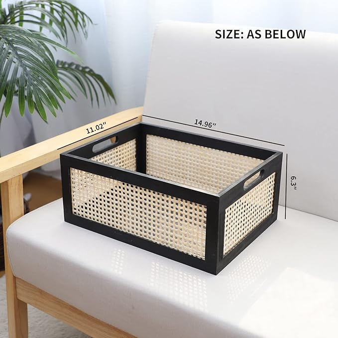 Black Wooden Basket, Rattan Storage Basket - Image 3