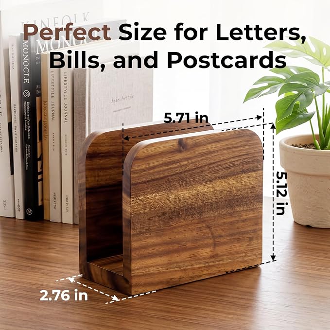 Acacia Wood Mail Organizer Countertop -Small Letter Holder - Image 3