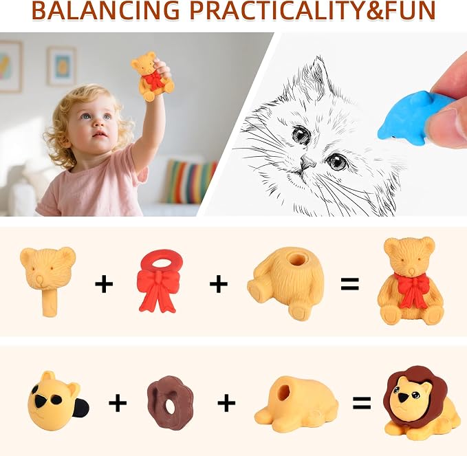 URSKYTOUS 90Pcs Animal Erasers Bulk Cute Desk Pets Kids Puzzle Erasers Take - Image 6