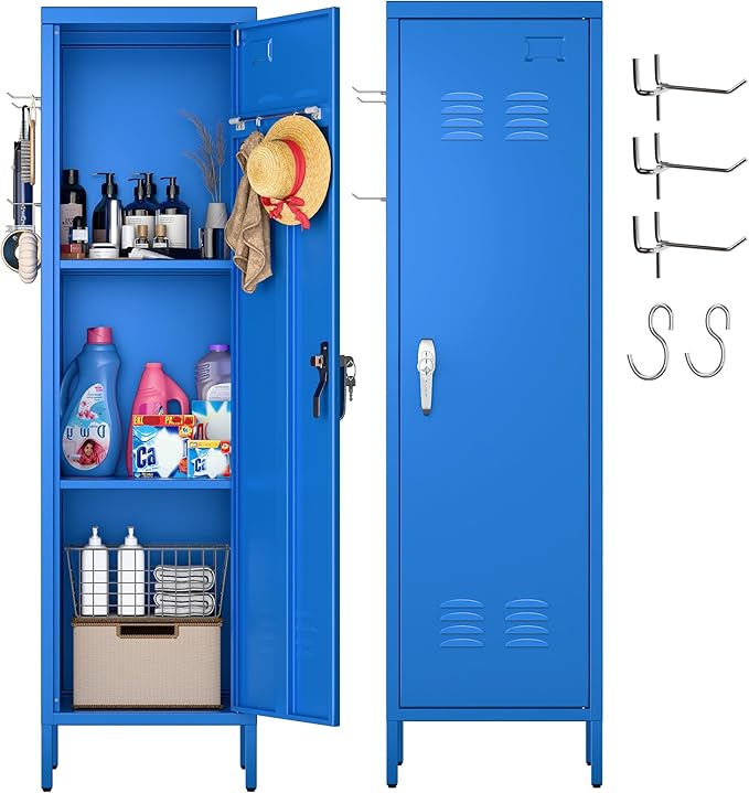 Aobabo Metal 54" H Metal Storage Locker for Employees, Lockable 1 Door with Towel Rack and 2 Side Pegboards with Hooks for School Office Gym Home, Assembly Required (Blue)-DeskLoop Office