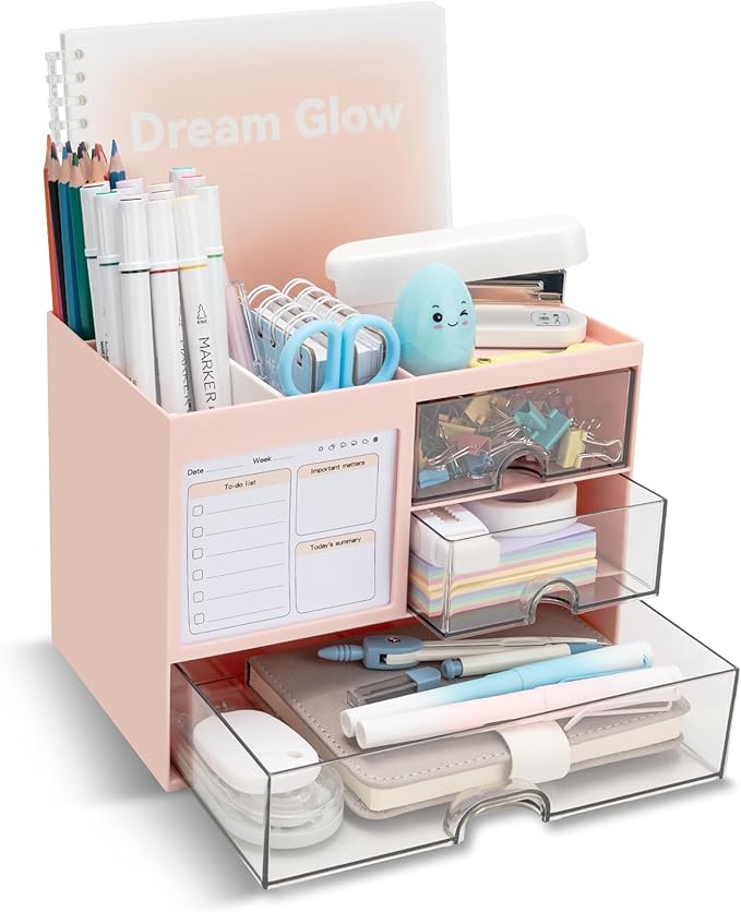 Multi-Functional Desk Organizer with 3 Drawer and 8 Compartments, Pink-DeskLoop Office