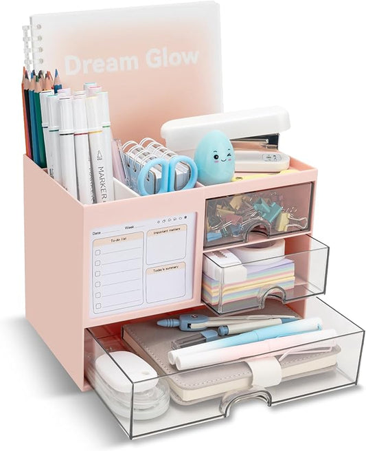 Multi-Functional Desk Organizer with 3 Drawer and 8 Compartments, Pink-DeskLoop Office