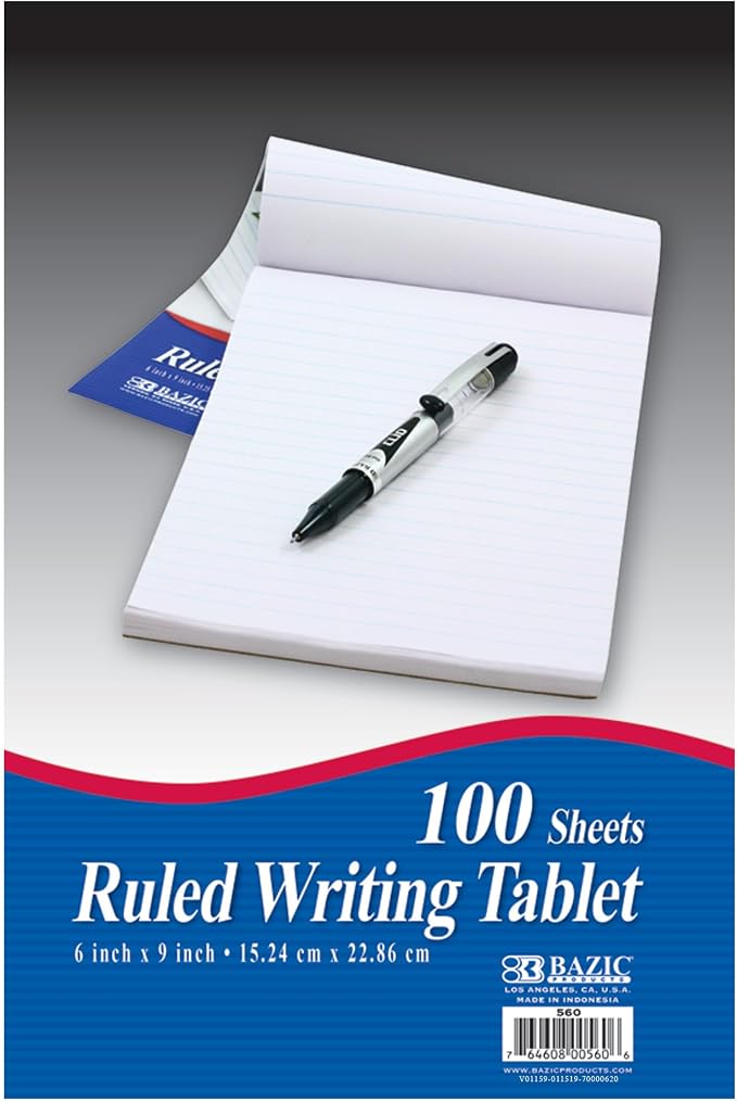 BAZIC PRODUCTS Ruled Writing Tablet, 6 x 9 in, 100 Sheets | sturdy backing by BAZICProducts