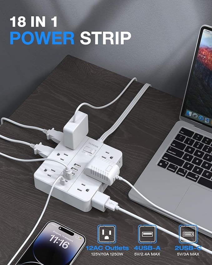 Flat Plug Surge Protector Power Strip, HUNIAN 12 Widely Spaced Outlets with 6 USB Charger (2 USB C Ports), 10 Ft Extension Cord Desk Charging Station for Home Office Supplies, Dorm Room, White-DeskLoop Office