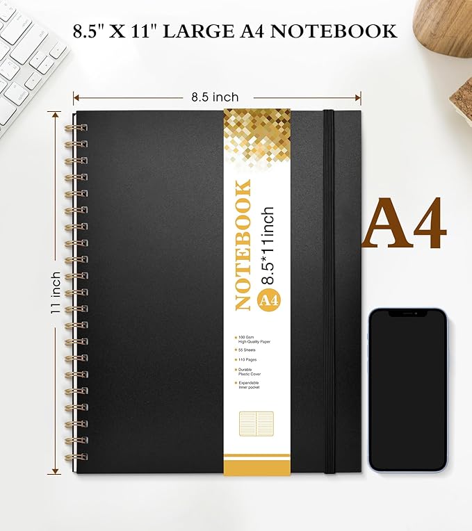 Spiral Notebook Journal 8.5” x 11”, A4 Large Notebooks for Women Men, College Ruled Lined Journal, 100 GSM Paper, Plastic Hardcover Spiral Bound Journals for Work School Note Taking Business, Black-DeskLoop Office