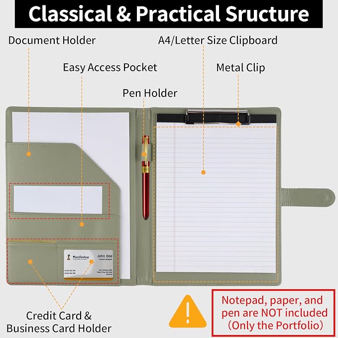 Professional Padfolio with Clipboard, Faux Leather Portfolio Folder Binder - Image 7