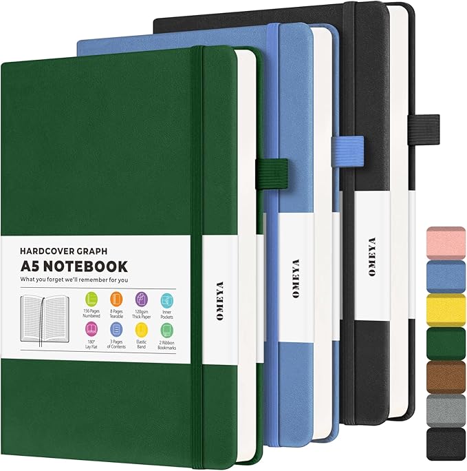 Graph Paper Notebook 3 Pack, A5 Grid Notebook Journal, Graph Notebook with 120gsm Paper, Hardcover Leather Journal for Writing, Grid Paper Notebook for Work, School Supplies, Engineering,5.75" x 8.38"-DeskLoop Office