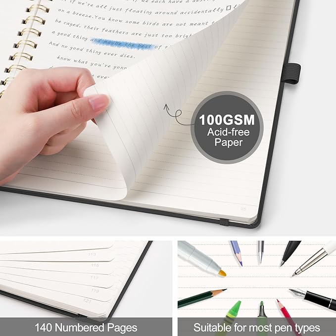 AHGXG Lined Spiral Journal Notebook, B5 Large Notebooks for Women Men, 140 Pages Hardcover Leather Notebook College Ruled, 100 GSM Paper, Notebooks for Work School Note Taking, 7.6" x 10", Black-DeskLoop Office