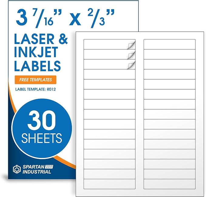 3 7/16" X 2/3" Matte White Printable Labels File Folder, Mailing Labels by SpartanIndustrial