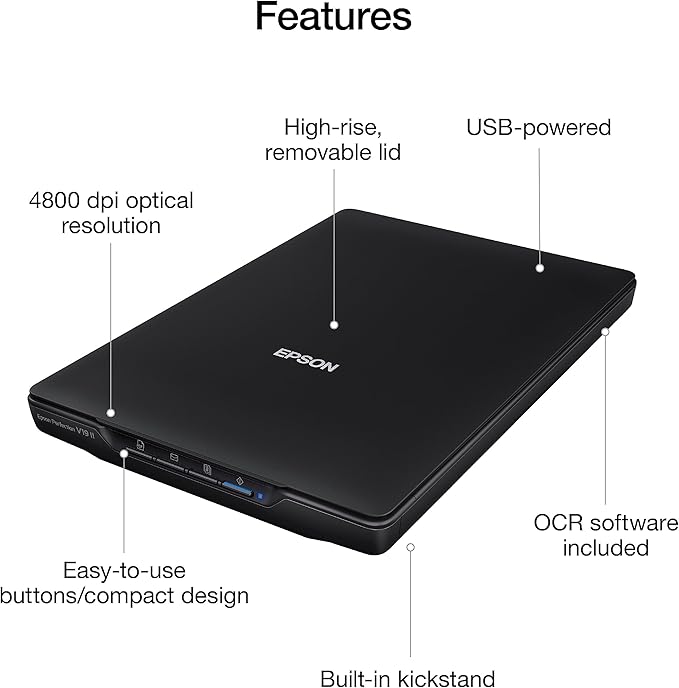 Epson Perfection V19 II Color Photo and Document Flatbed Scanner with 4800 dpi Optical Resolution, USB Power and High-Rise, Removable Lid-DeskLoop Office