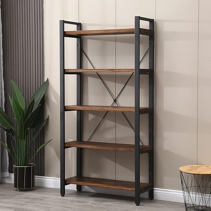 5 Tier Bookcase, Solid Wood Bookshelf Rustic Vintage Industrial Etagere Bookcase, Metal and Wood Free Vintage Bookshelf, Retro Brown (Real Wood) (5-Tiers)-DeskLoop Office
