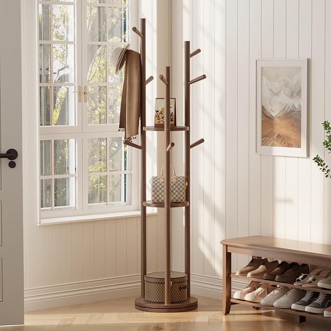 Solid Wood Rotary Coat Rack, Freestanding Coat Rack with 3 Shelves and 9 Hooks, Coat tree for Bedroom, Entryway, Livingroom, Coat Hanger Stand for Coats, Scarves, Handbags (Walnut)-DeskLoop Office