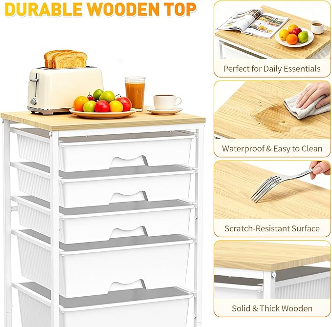 SUNALLY Rolling Carts With 5 Drawers, Storage Drawer Carts with Wooden Tabletop - Image 4