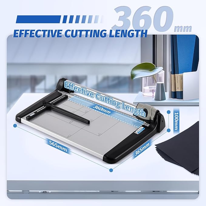 Rotary Paper Trimmer, 15 Sheets Heavy Duty Paper Trimmer, 360mm(14.17") Cutting Length, Commercial Grade Rotary Paper Cutter for Home/Office/School, Black & Silver-DeskLoop Office