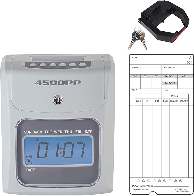 Nile Products - 4500PP Electronic Calculating Time Clock, Employees in/Out Time Tracker, Small Business Punch Pack Bundle Includes: 25 Time Cards,1 Ink Ribbon and 2 Security Keys-DeskLoop Office