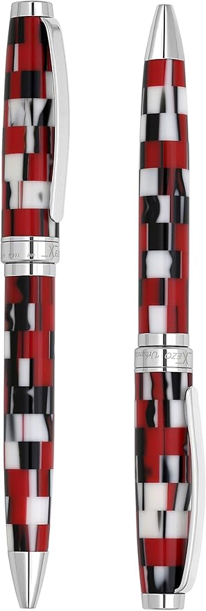Xezo Urbanite II Ballpoint Pen, Medium Point. Sporty Red, Black, and White Checkered Acrylic on Brass. Chrome Plated. Handcrafted, Limited Edition, Serialized-DeskLoop Office