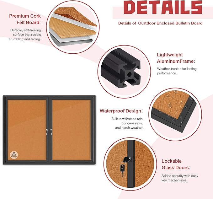 Lockable Outdoor Enclosed Bulletin Board,Weatherproof Cork Noticeboard with Locking Door, Wall-Mounted Aluminum Frame Display Case for Office, Home, School (Black Frame | Cork Surface, 44x32 inch)-DeskLoop Office