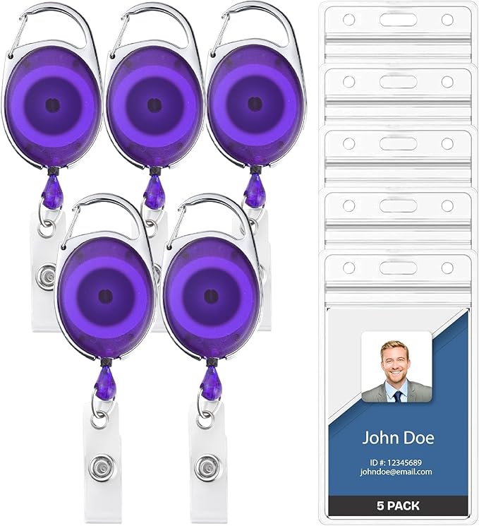 5 Pack Id Badge Holder With Clip – Transparent Purple Badge Reels with Id by WillWell