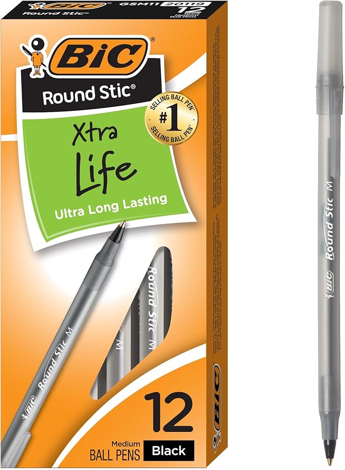 BIC Round Stic Xtra Life Black Ballpoint Pens, Medium Point, 12-Count Pack of by BIC