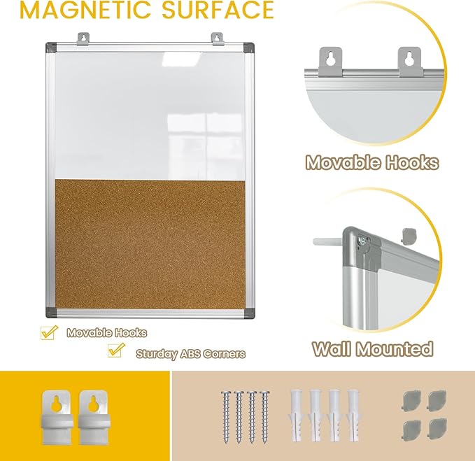 Combination Writeboard 24"x 18" Magnetic Whiteboard & Cork Board Aluminium Frame Dry Erase Board Bulletin Board Wall Mounted Memo Message-DeskLoop Office