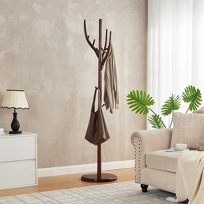 Uniclinens Coat Rack Freestanding Solid Wood Coat Tree Standing with 12 Hooks, Coat Rack Stand Creative Tree Branch-look (Walnut)-DeskLoop Office