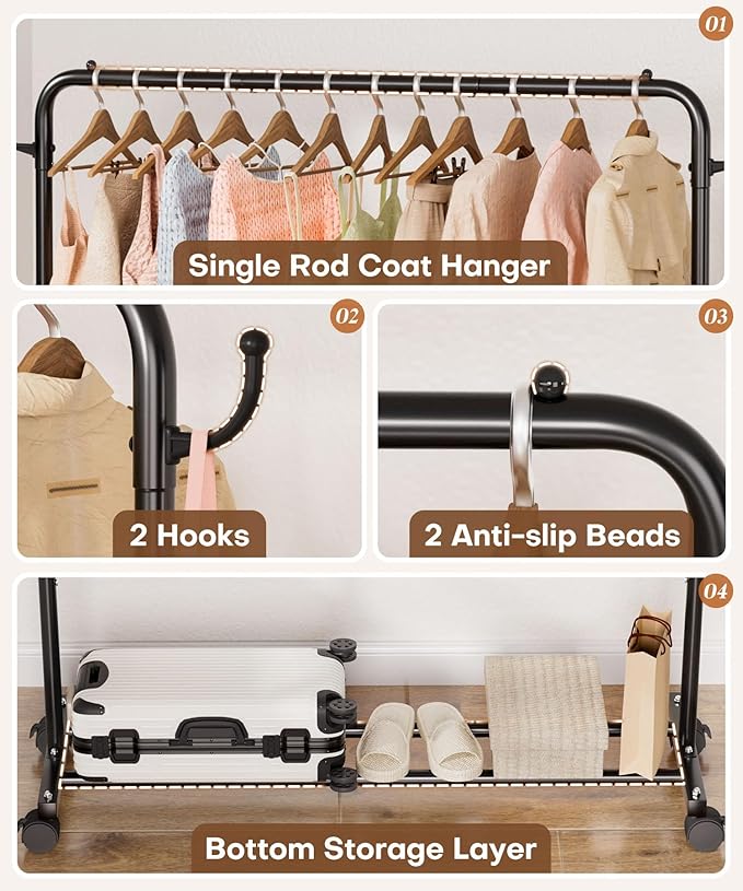 Homde Heavy Duty Clothes Rack: 120lb Standing Garment Storage for Indoor - Rolling Hanging Rod for Bedroom Laundry Room - Coat Dress Organizer on Wheels with luggage shelf (Black，46")-DeskLoop Office