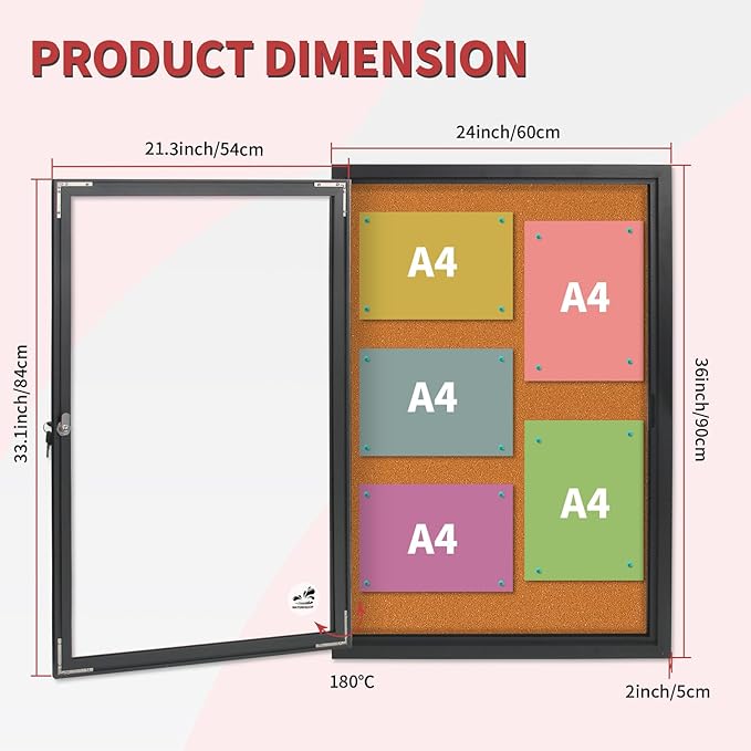 36x24 Inch Outdoor Enclosed Bulletin Board with Locking Door - Weatherproof & Tamperproof Cork Notice Board - Black Aluminum Frame-DeskLoop Office