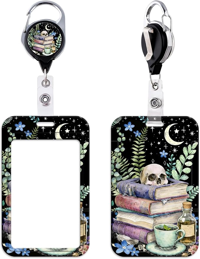 Cool Black Skull & Books Teachers ID Badge Holder Goth Witchy Keychain by beemorita