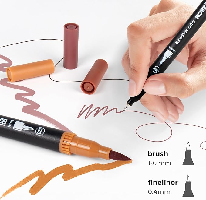 ZSCM Brown Duo Tip Marker Pens, 12 Pack Fine & Brush Markers - Image 2