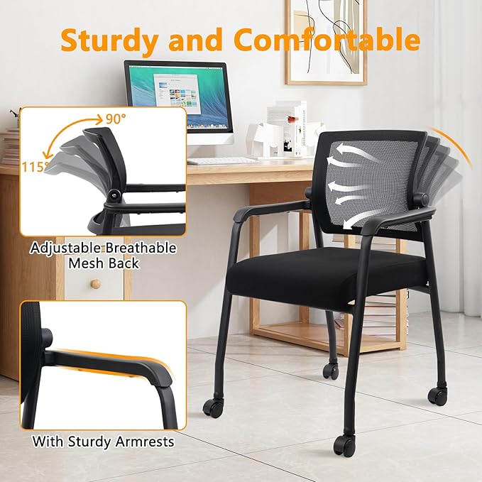 Waiting Room Chairs with Wheels, Adjustable Mesh Backrest, Desk Chair with Ergonomic Lumbar Support and Thickened Seats Cushion, 4 Pack Black-DeskLoop Office