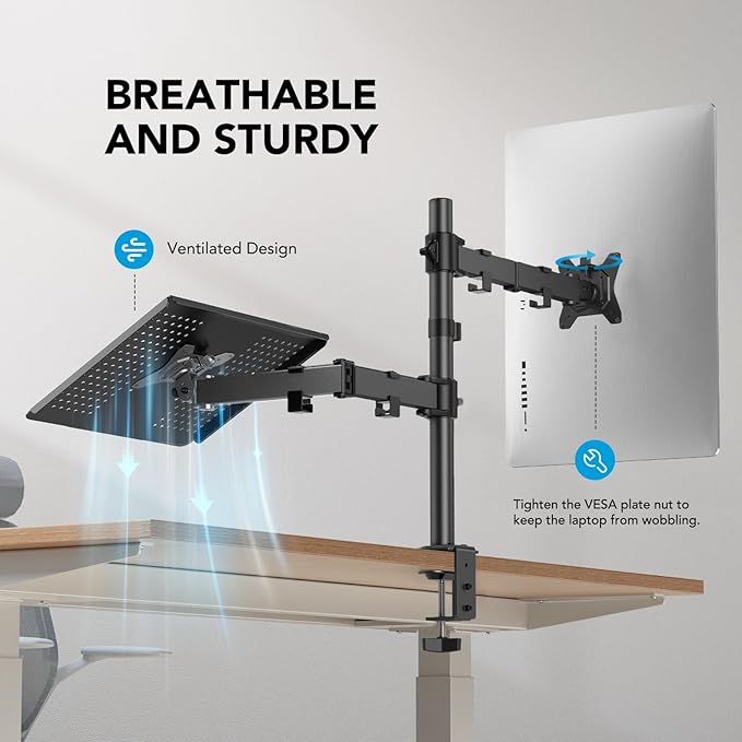 HUANUO Adjustable Monitor Stand, Single Arm Desk Mount for 32 inch Screen and 17 inch Laptop, Heavy Duty Ergonomic Bracket Holds 22lbs-DeskLoop Office