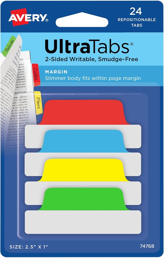 Avery Margin Ultra Tabs, 2.5" x 1", 2-Side Writable, 24 Repositionable Page Tabs by Avery
