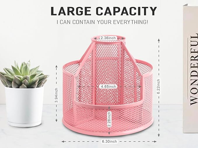 Sturdy Rotating Pen Holder, Cute Metal Pencil Holder, Large Mesh Pen Organizer for Desk, Premium Friendly Office Desk Accessories & Workspace Organizers, Pink-DeskLoop Office