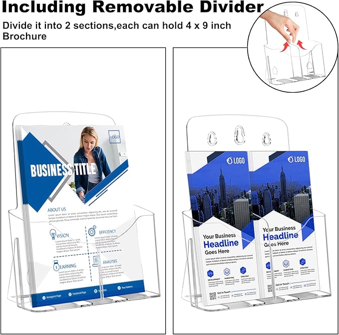 2 Pack Acrylic Brochure Holder 8.5 x 11 in with Business Card Holder, 1-Tier Brochure Display Stand with Removable Divider for 4 x 9 Inches Trifold Pamphlets, Clear Flyer Holde-DeskLoop Office