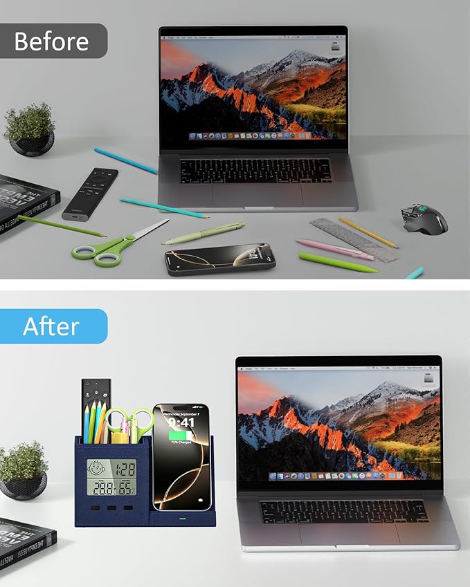 3-in-1 Wireless Charger with Pen Holder, Desk Clocks with Temperature and Humidity, Compatible with iPhone 16/15/14/13/12/11/8Series, Pencil Holder for Desk Home Office, Men Gift Idea Gadget, Blue-DeskLoop Office