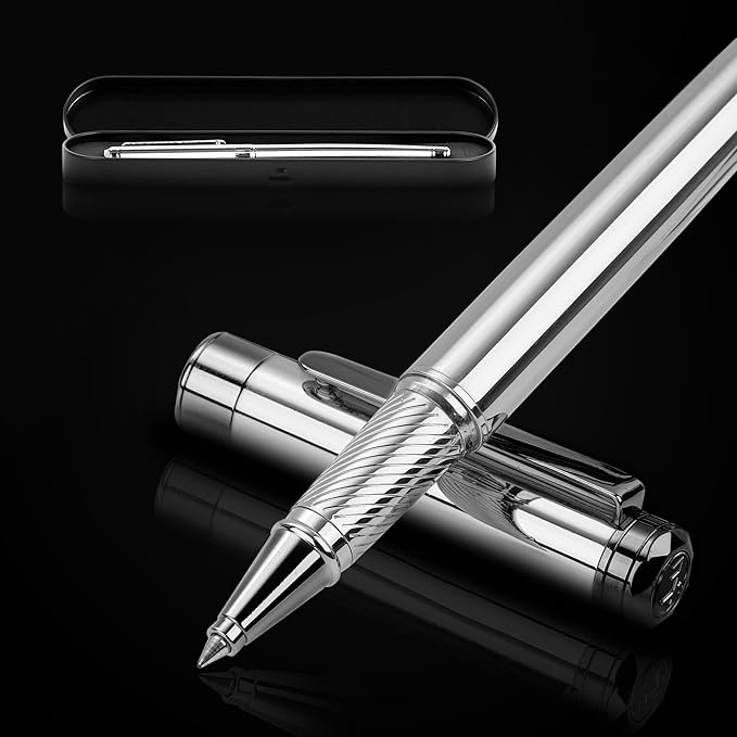 ELIZO Luxury Pen Fancy Chrome Silver Nice Gift Rollerball Cool Pens Best Schmidt Ink EDC Pen Executive Smooth Writing Pens for Men Women-DeskLoop Office
