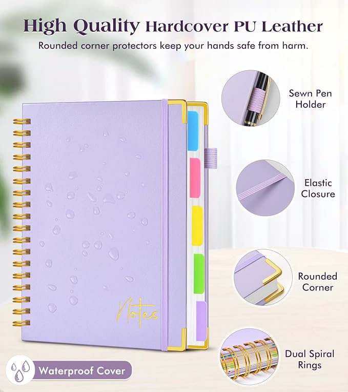 5 Subject Dotted Notebook with Removable Dividers Tabs, 300 Pages Hardcover - Image 2